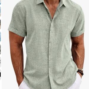 COOFANDY Men's Linen Shirts Short Sleeve Casual Shirts Button Down Shirt for Men Beach Summer Wedding Shirt